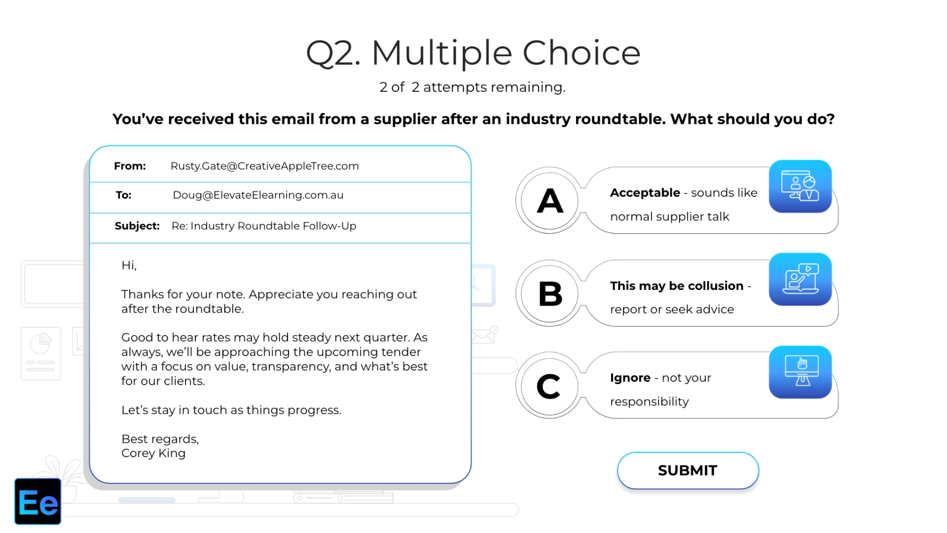 Competition Law — Essential demo: a supplier email multiple-choice scenario with knowledge-check answers