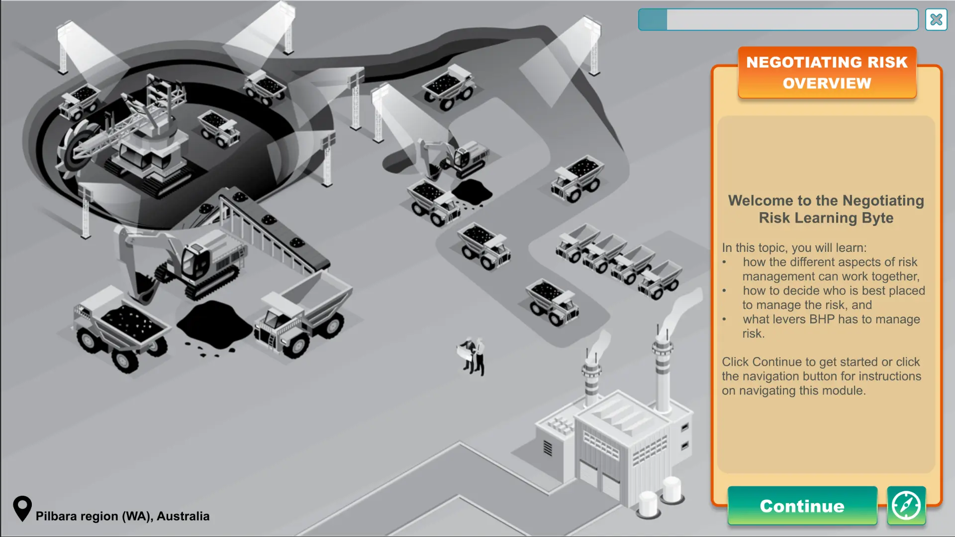 Illustrated Pilbara mine environment with the Negotiating Risk Overview welcome panel