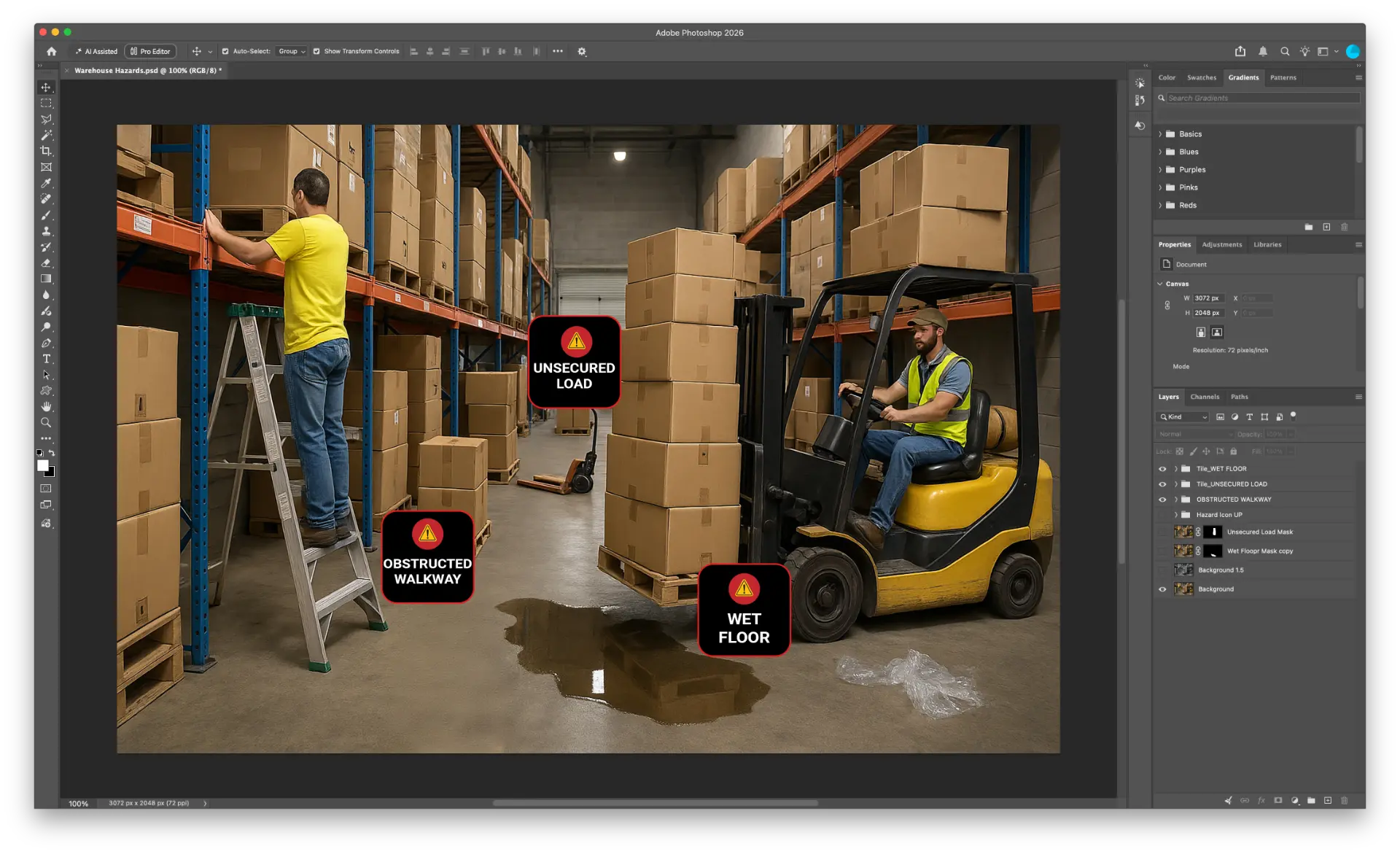 Warehouse Hazards Photoshop exercise with three hazard tiles: Wet Floor, Obstructed Walkway and Unsecured Load