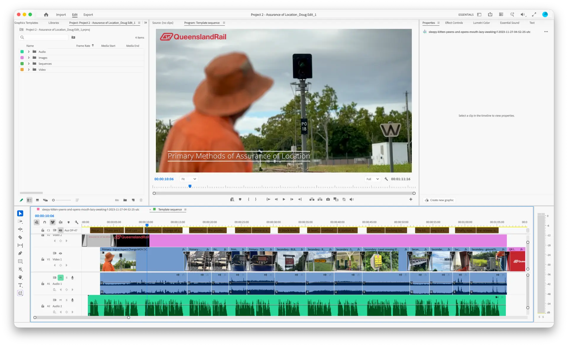 Premiere Pro editing Queensland Rail footage titled Primary Methods of Assurance of Location