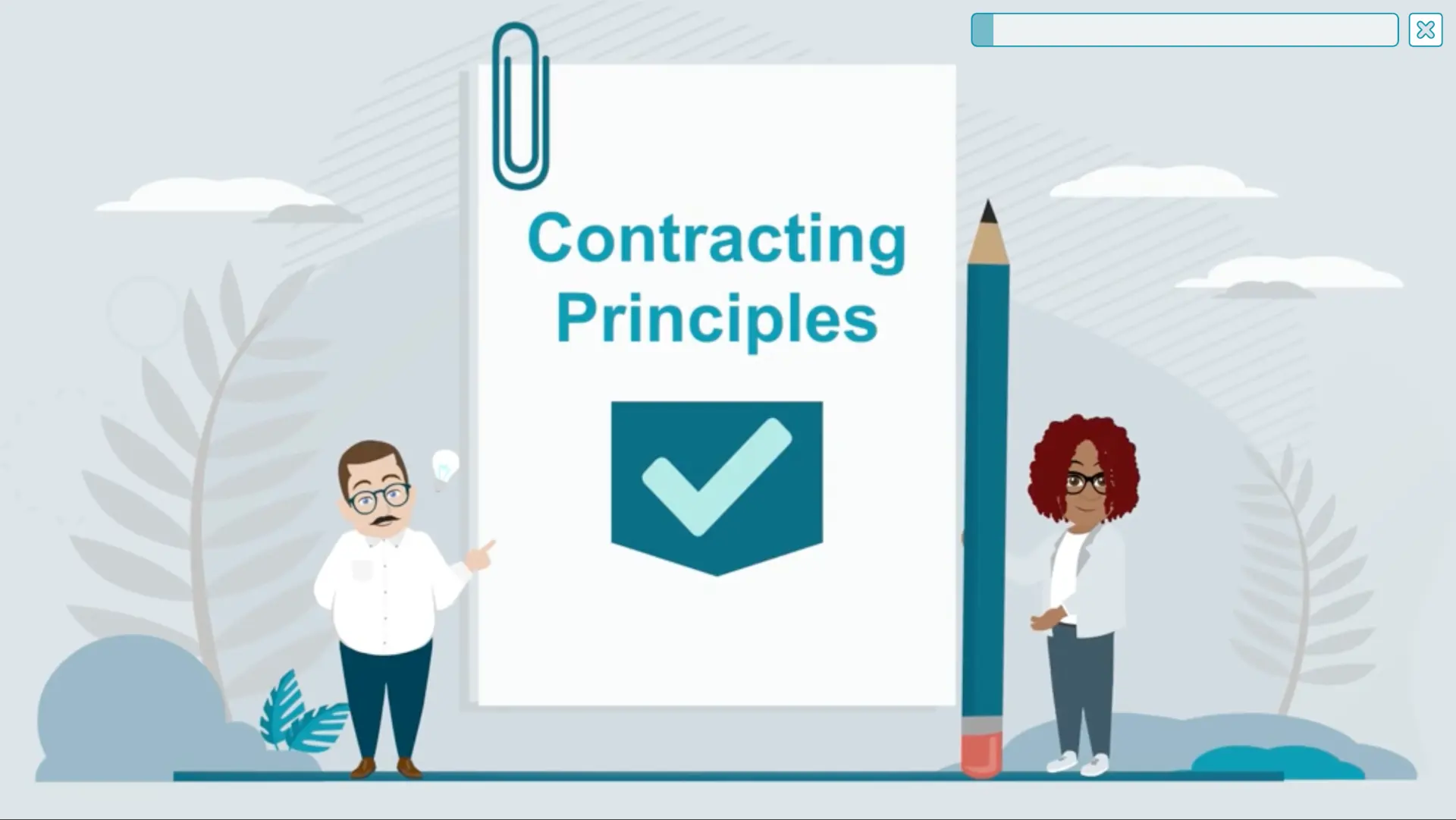 Illustrated Contracting Principles title screen with two characters and a large pencil