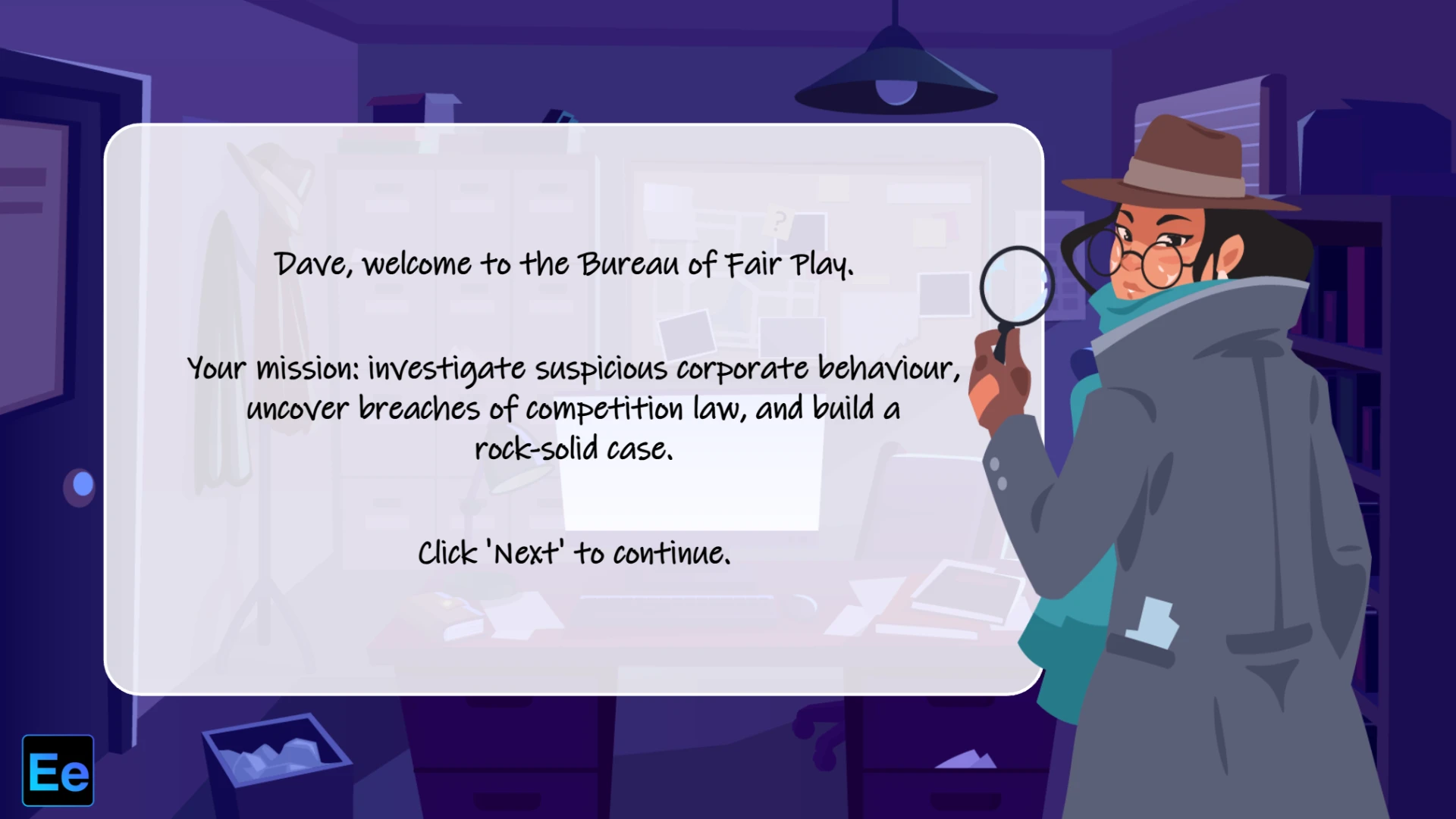 Immersive demo: detective character with a magnifying glass delivering a Bureau of Fair Play mission briefing