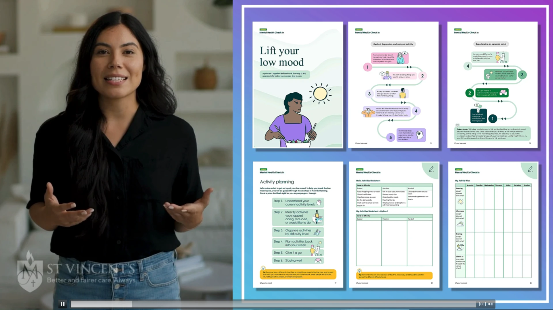 Practitioner video with a presenter beside pages from the Lift your low mood resource