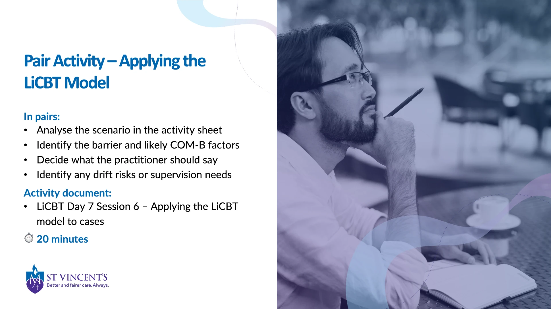 Facilitated session slide: Pair Activity – Applying the LiCBT Model
