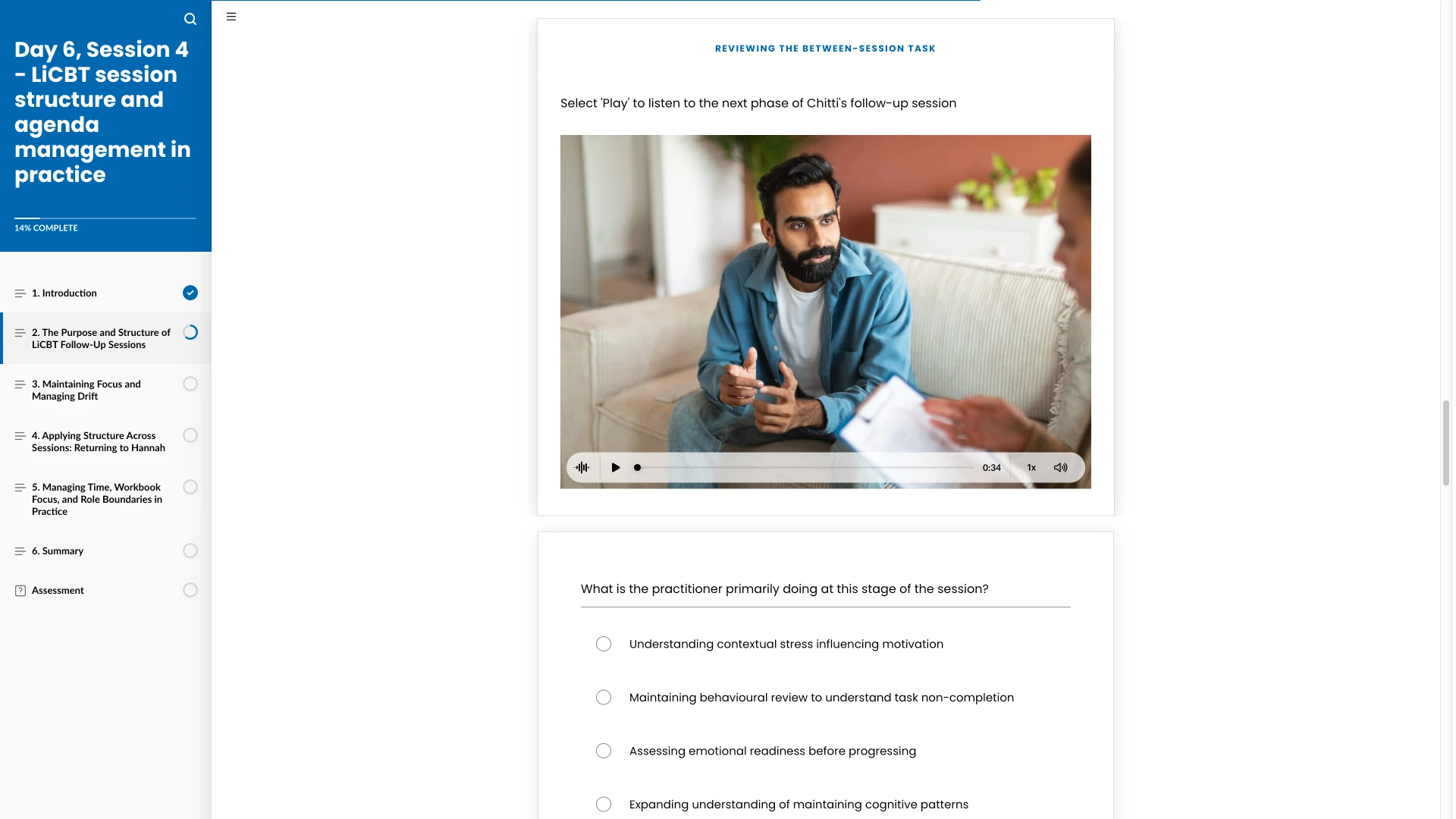 Rise module: Day 6, Session 4 – LiCBT session structure, with a follow-up session audio scene and knowledge check