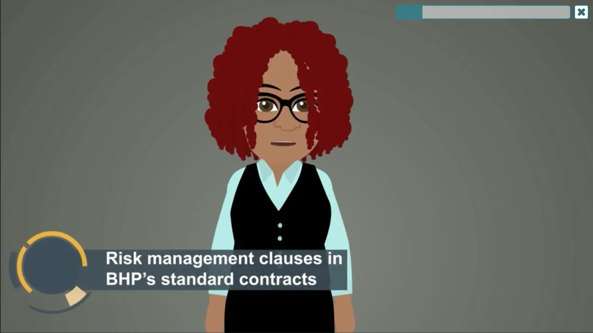 Animated presenter introducing risk management clauses in BHP’s standard contracts