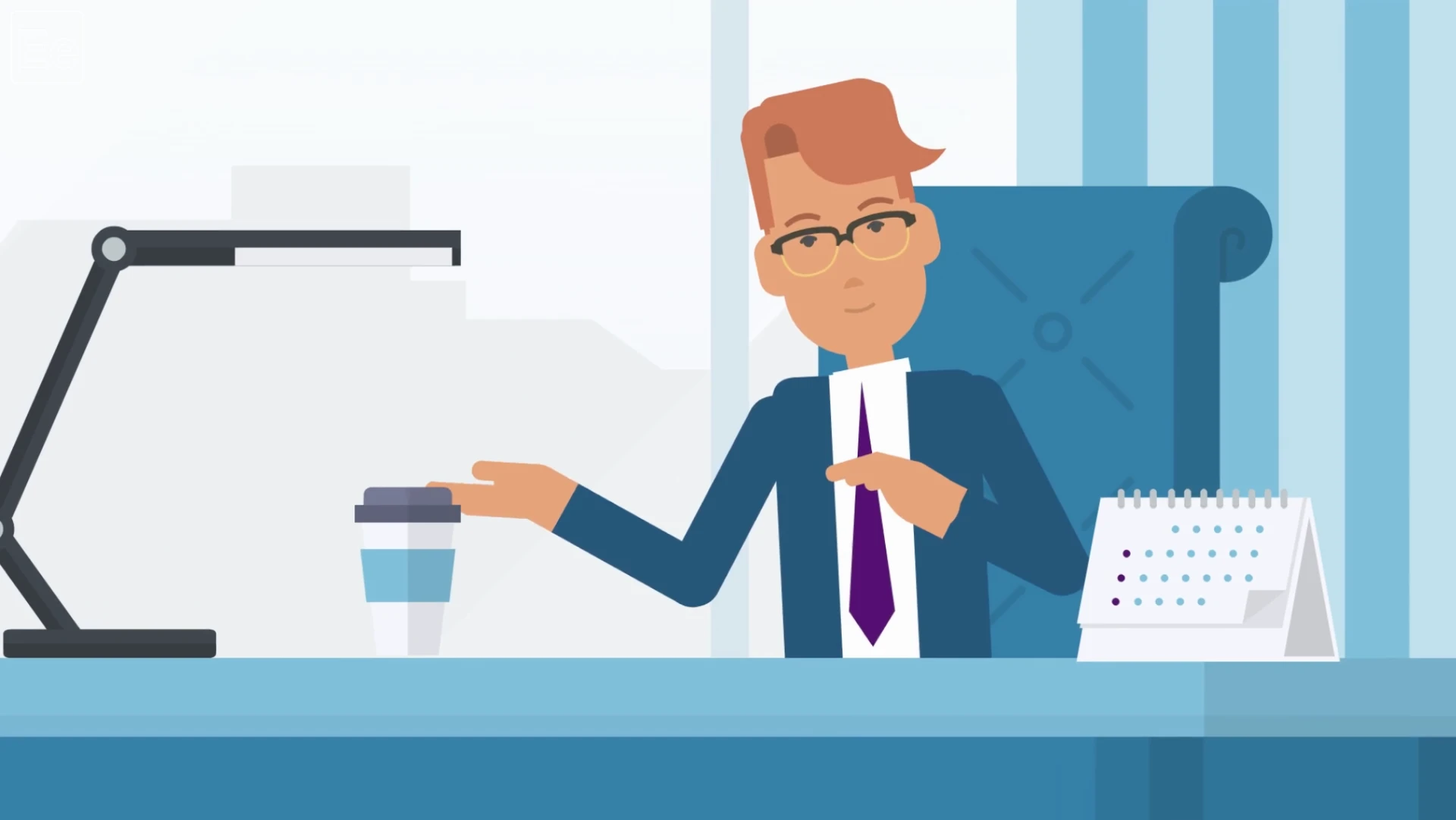 Immersive demo: animated character seated behind an office desk