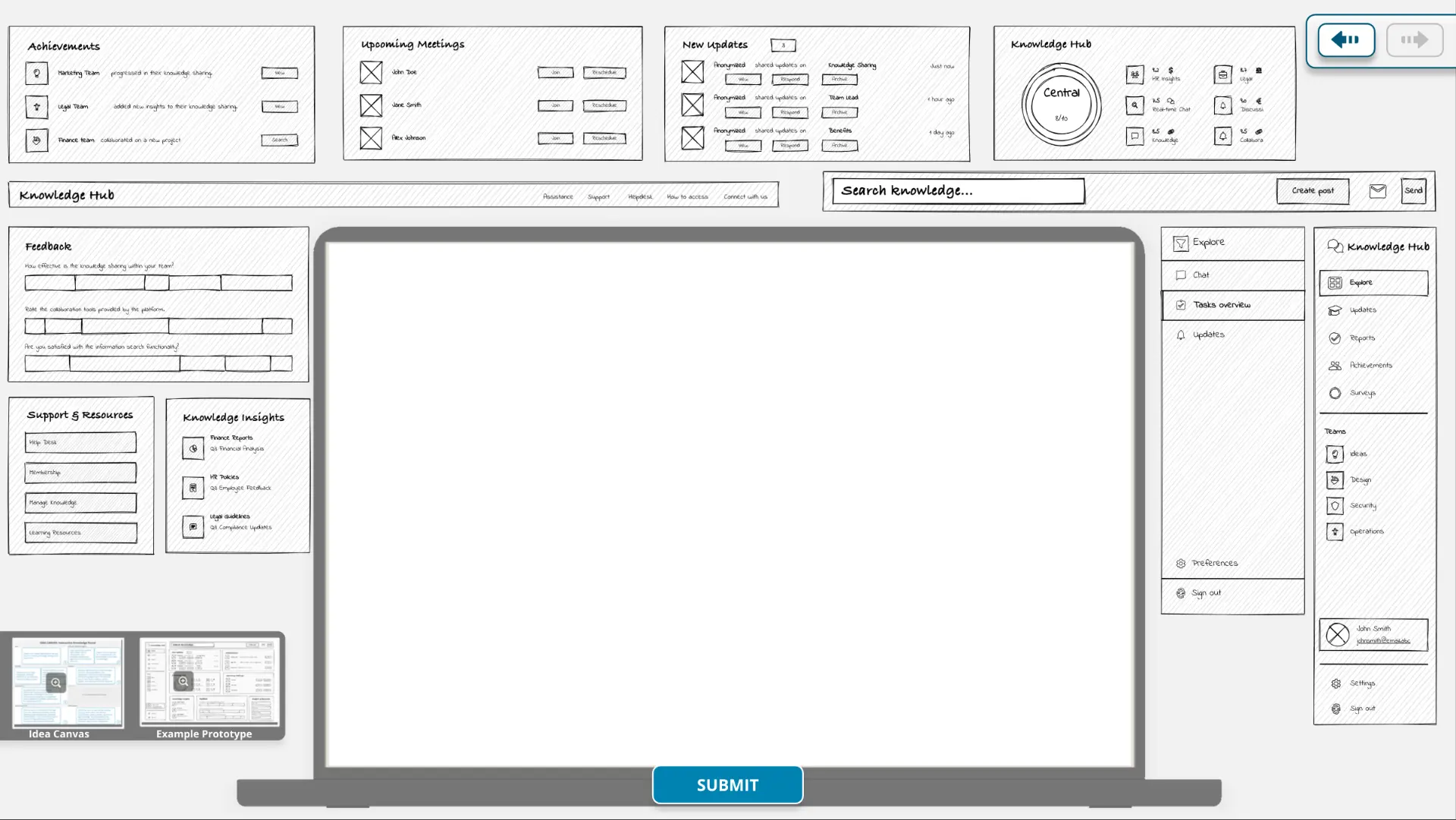 Knowledge Hub prototype build screen with wireframe components