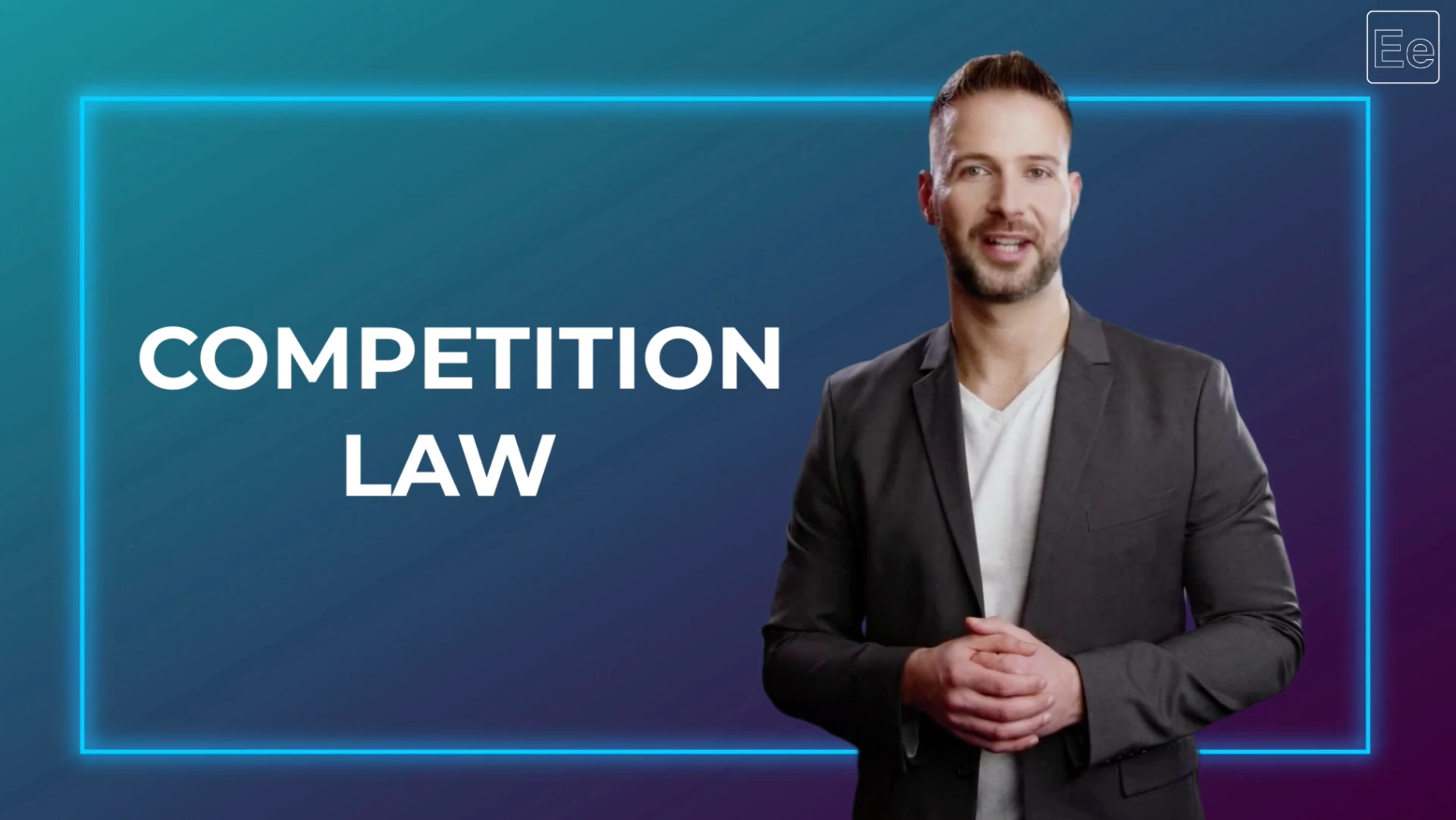 Immersive demo: AI presenter introducing Competition Law against a blue and purple background