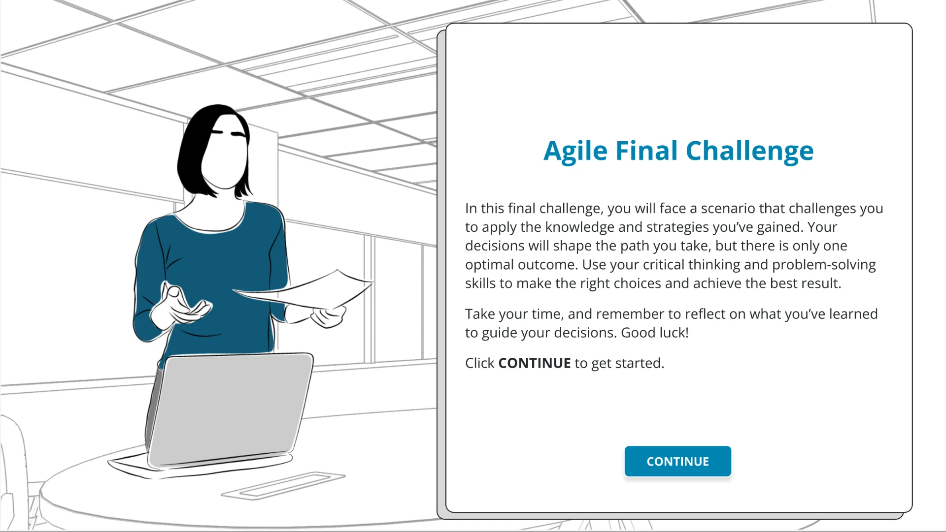 Agile Final Challenge introduction screen with an illustrated presenter