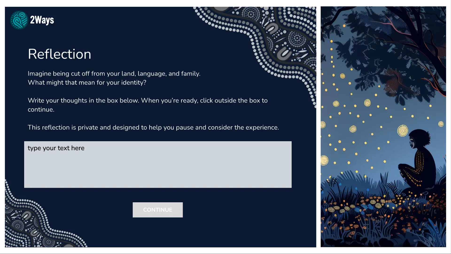 Our Shared Past private reflection screen with a prompt, a private text box and an illustrated night scene