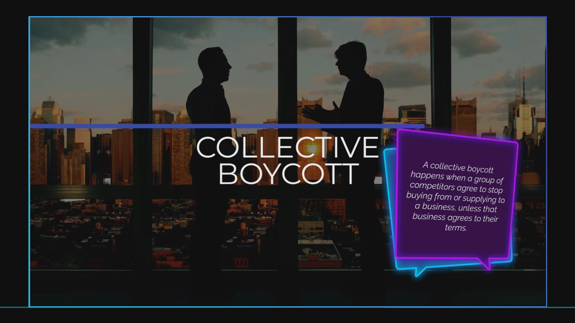 Interactive demo: Collective Boycott screen with silhouetted figures against a city skyline and an information panel